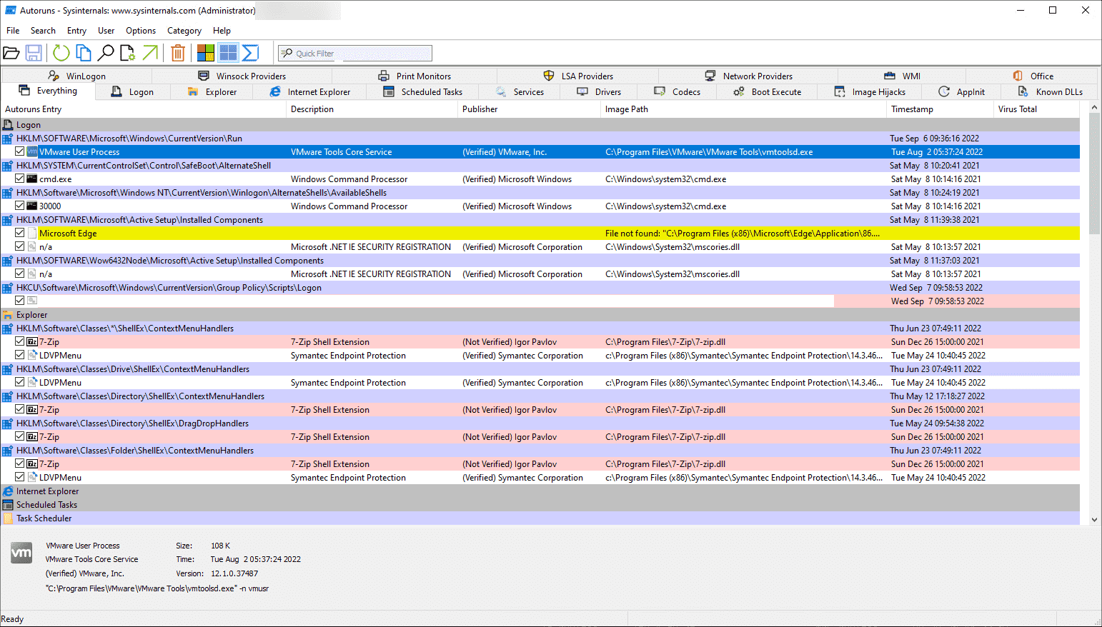 AutoRuns Everything tab showing all auto-start entries in a single view