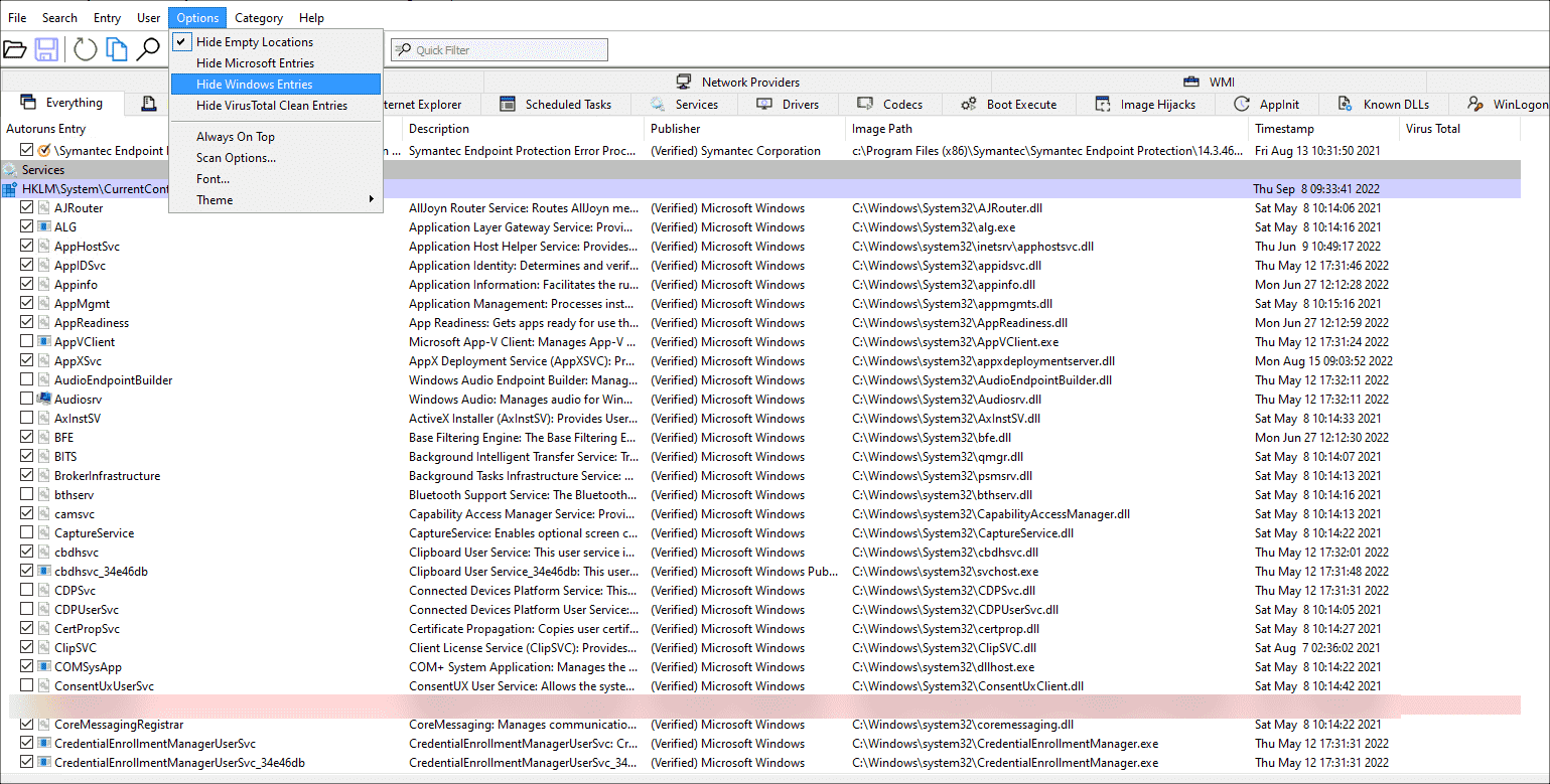 AutoRuns showing Windows services configured for automatic startup