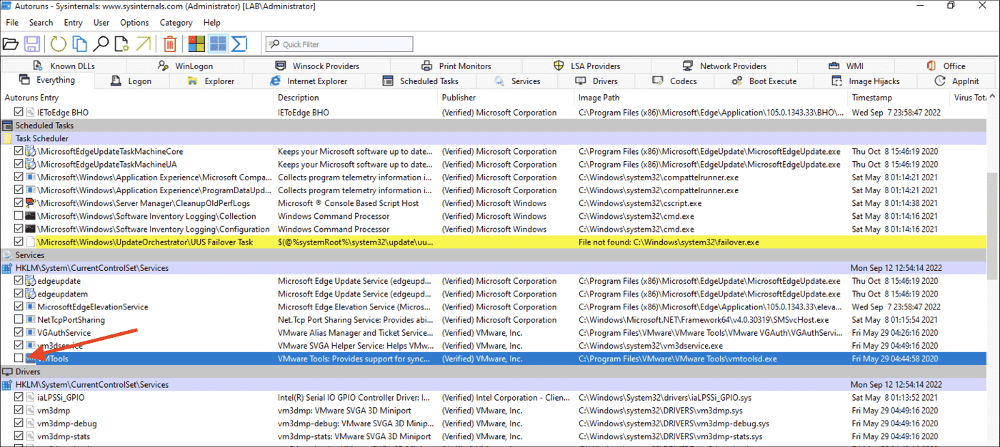 Disabling a startup entry by unchecking its checkbox in AutoRuns
