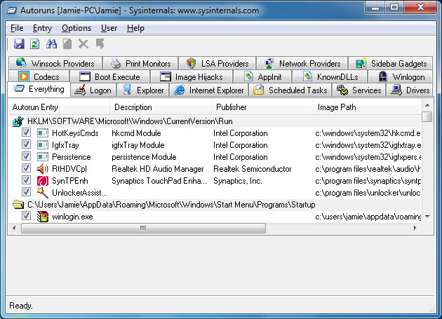 AutoRuns main window with filter and entry details on Windows
