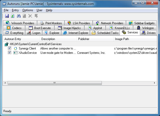 AutoRuns Services tab displaying all auto-start services on the system